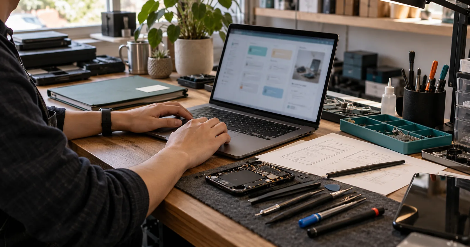 A laptop and app sketches sit among precision tools and component trays on an electronics repair bench.