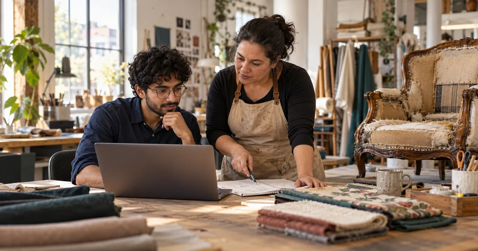 A developer and furniture-restoration business owner discuss an app beside fabric swatches and a chair.