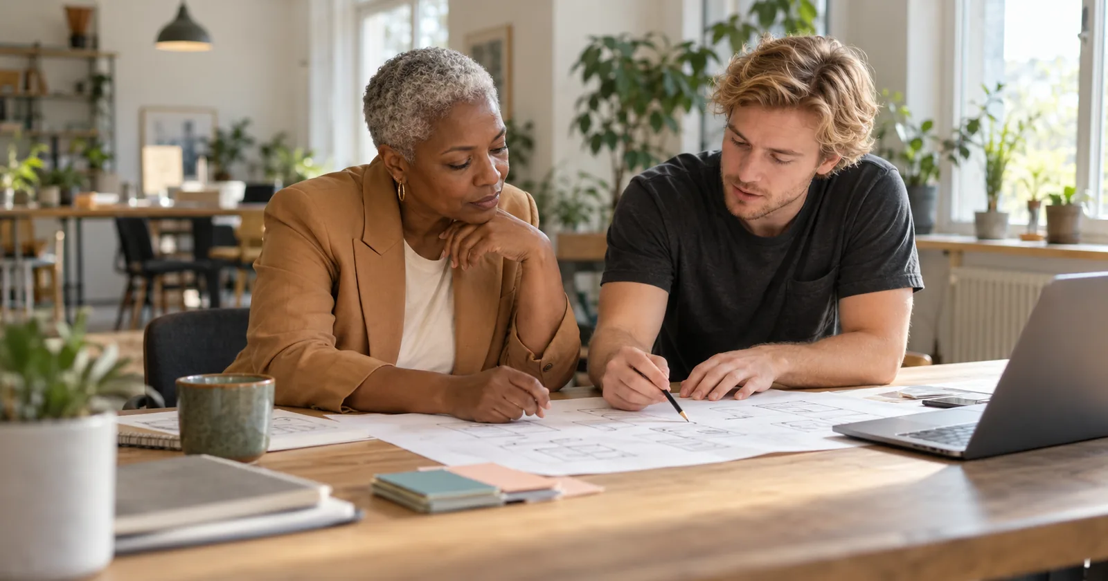 A business owner and freelance developer review software planning sketches at a meeting table.