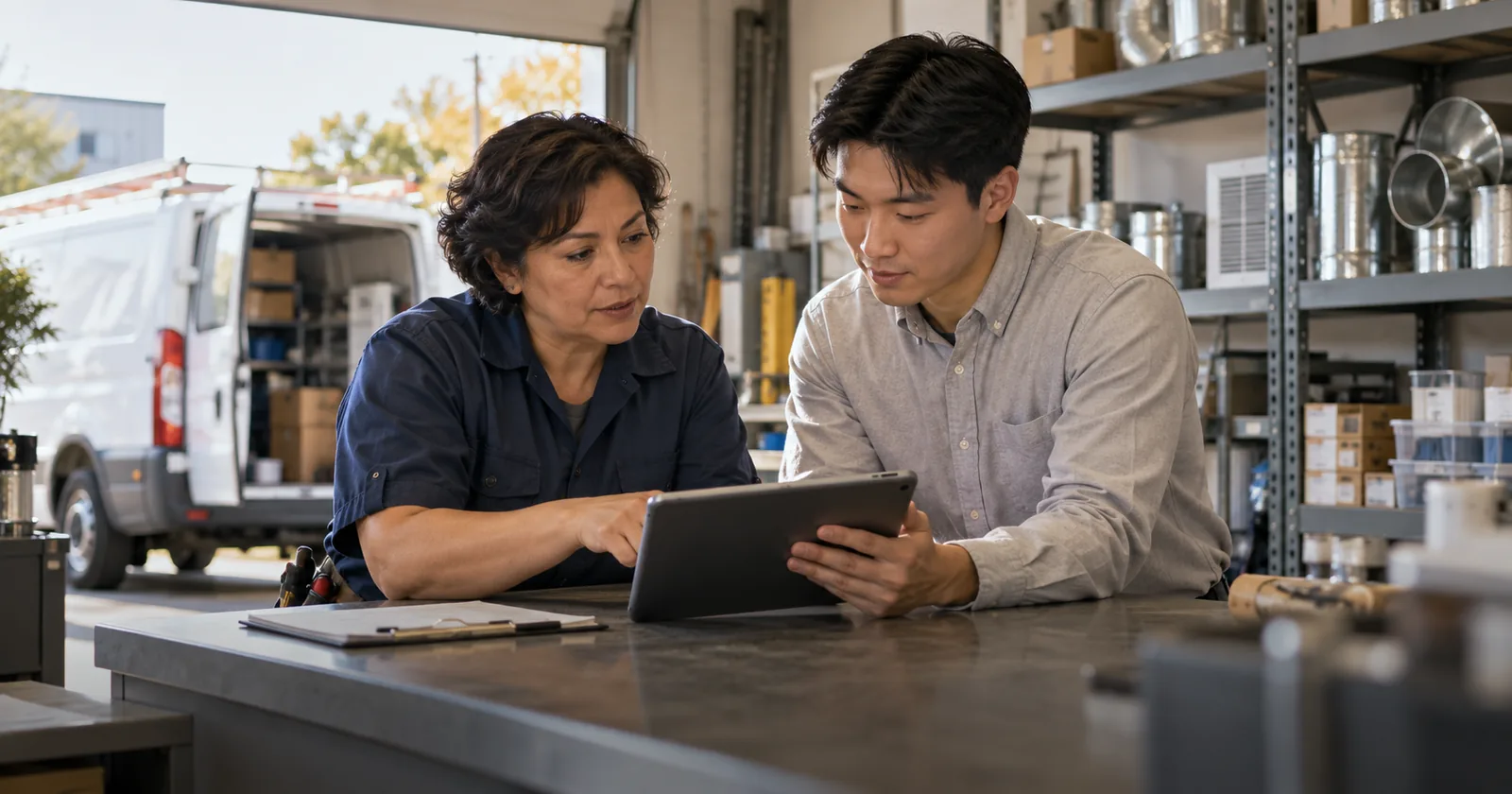 An HVAC technician and office coordinator review a tablet at a service depot counter.