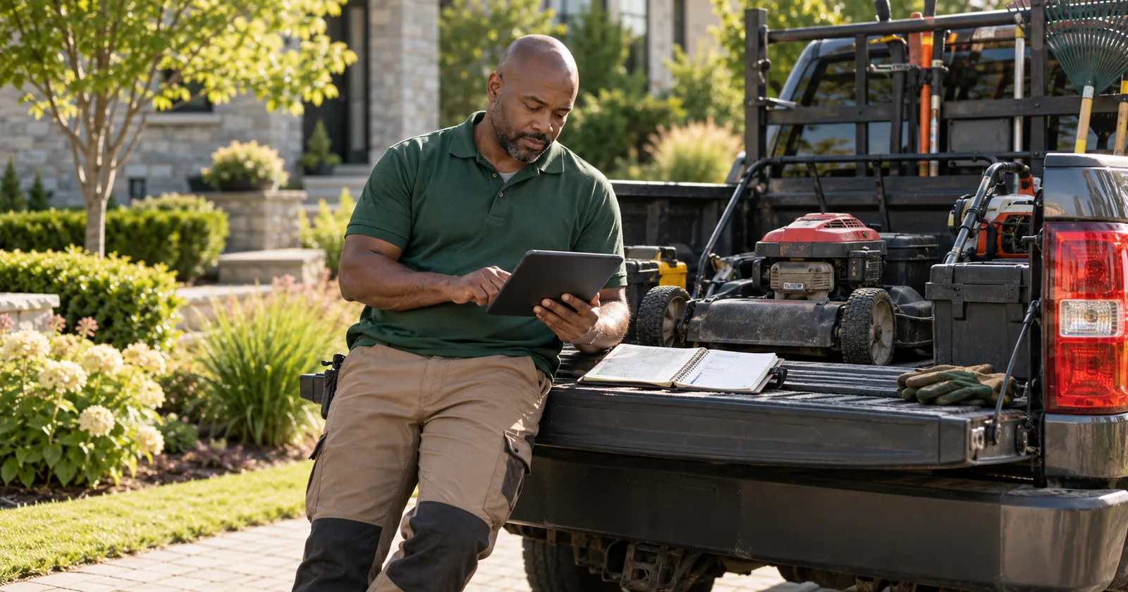 A lawn-care business owner reviews a tablet beside a route planner on a landscaping pickup.