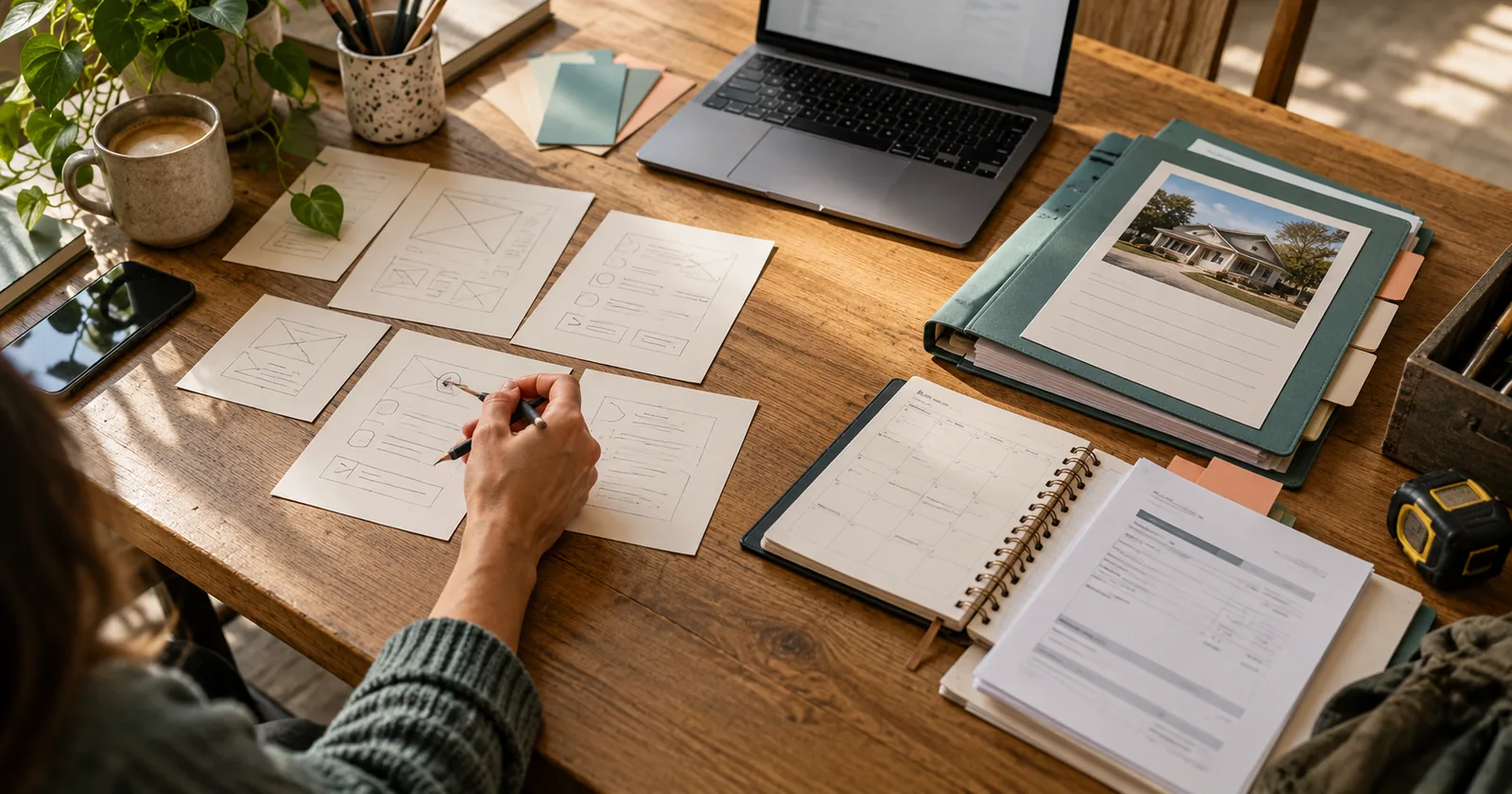 App wireframe sketches sit beside a job folder, appointment book and invoice on a design desk.