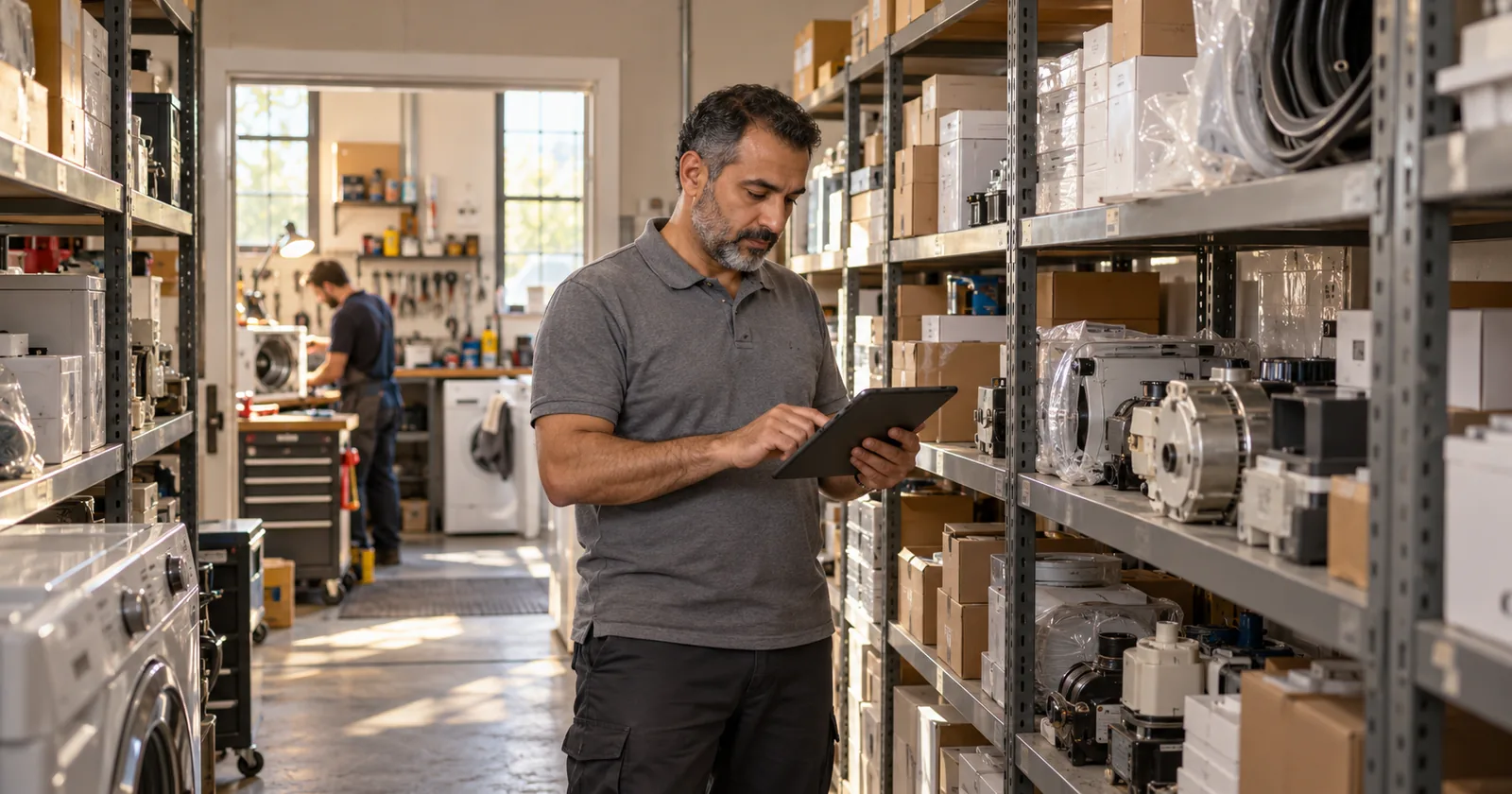 An appliance repair shop owner checks a tablet between shelves of spare parts.