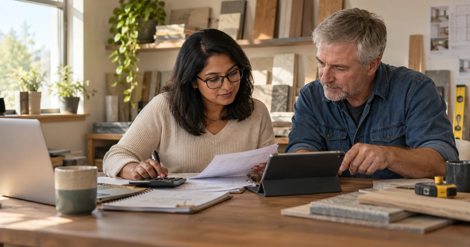 A bookkeeper reviews financial papers while a renovation contractor points to a job planner on a tablet.