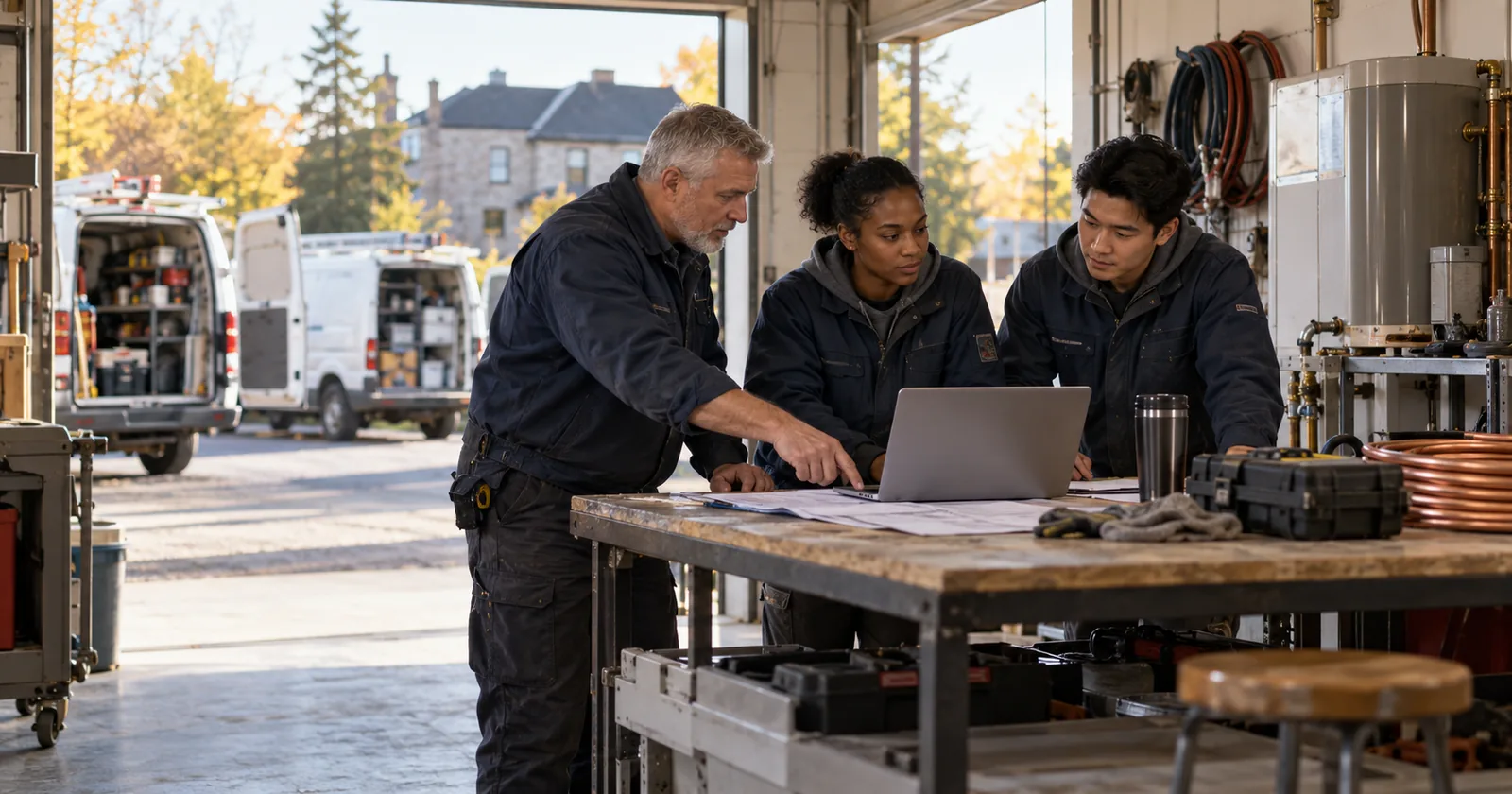 A three-person HVAC crew plans the morning in a garage with service vans outside.