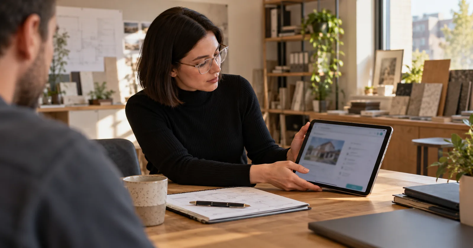 An agency consultant presents a tablet beside an appointment planner and work folders.