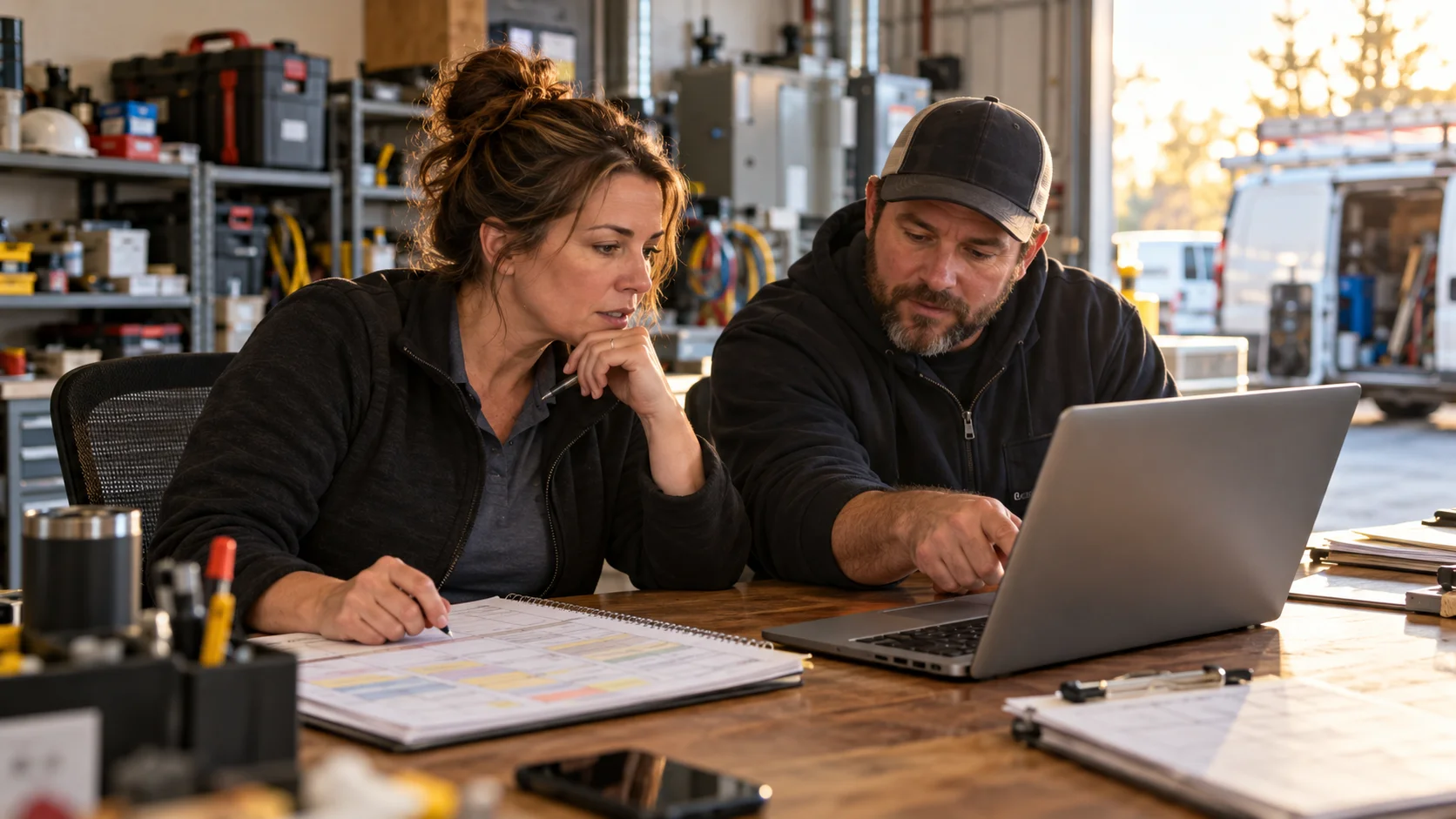 A service-business owner and dispatcher review job schedules at a laptop in their workshop office.