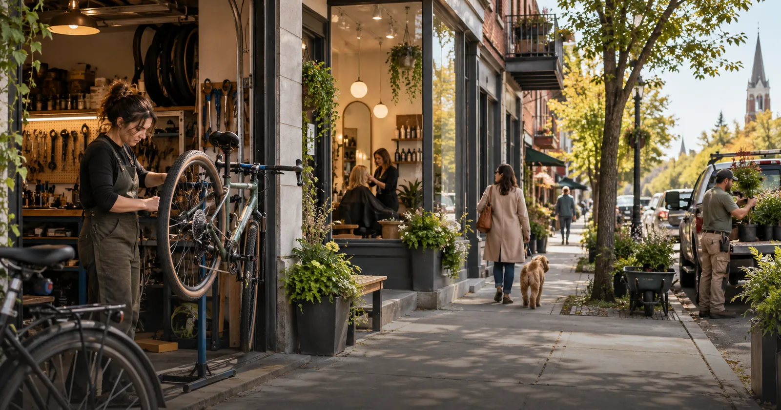A neighborhood street with a bicycle repair shop, hair salon and landscaping pickup.