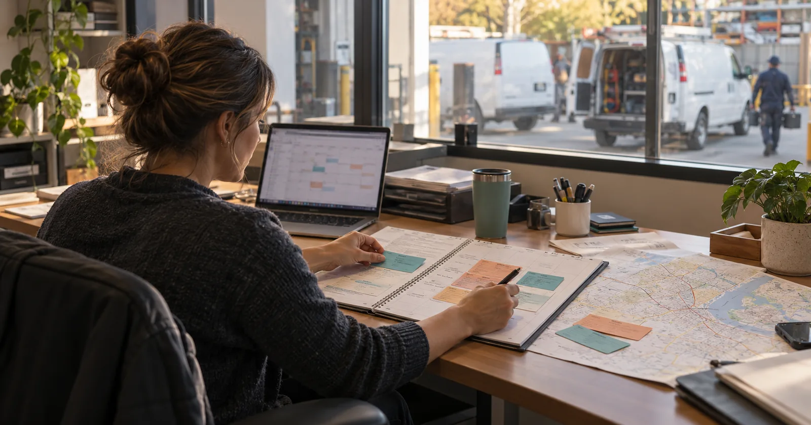 A dispatcher arranges job cards beside a planner and street map, with service vans outside.