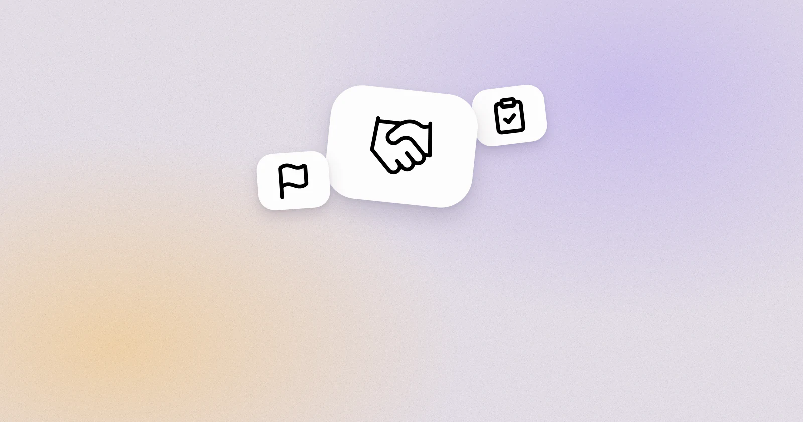A white tile with a handshake on a lilac and sand pastel background, with two smaller tiles showing a clipboard with a check mark and a flag.