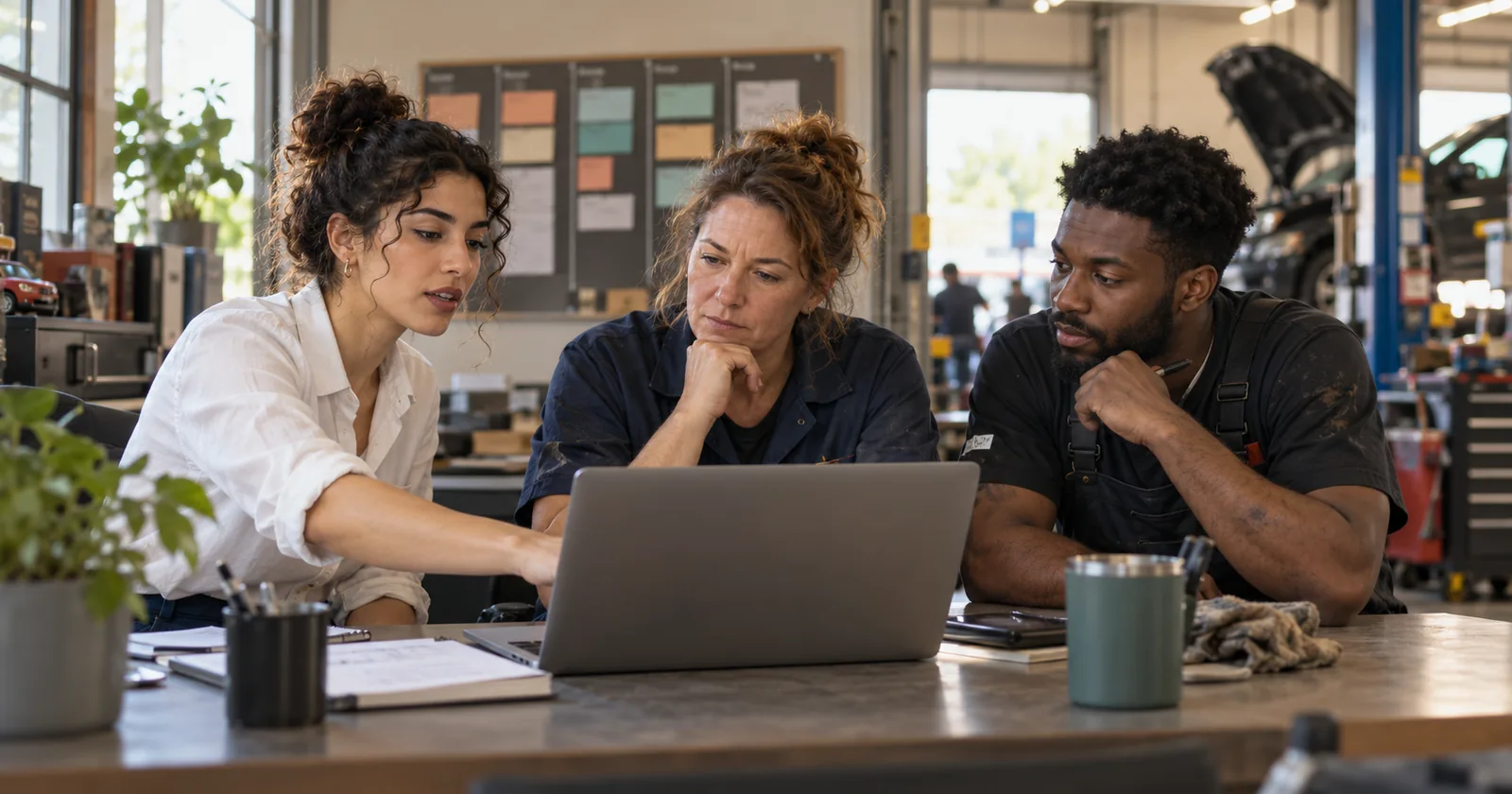 An agency designer demonstrates an app to a garage owner and mechanic in an auto repair shop office.