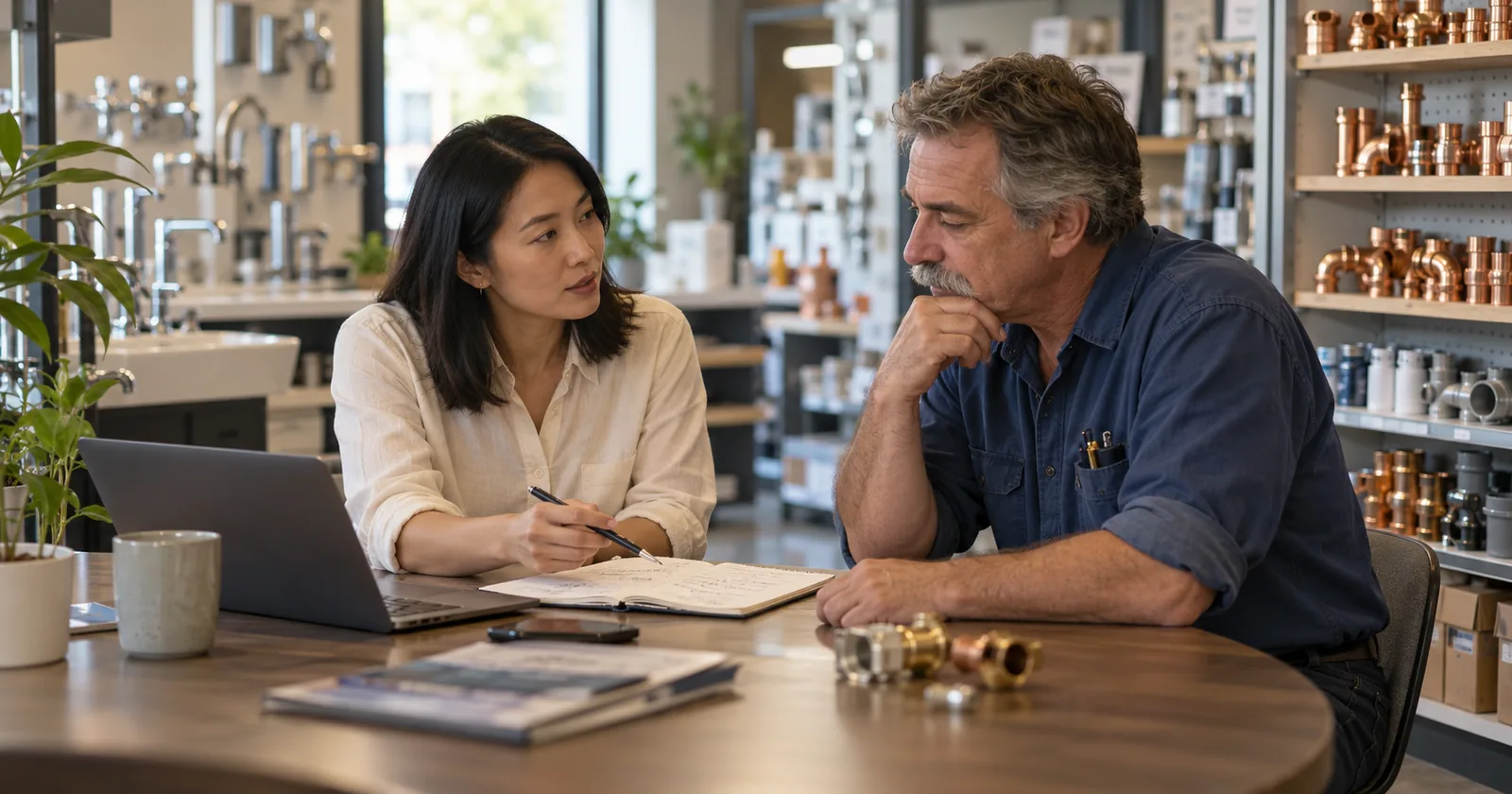 An agency consultant and plumbing business owner discuss workflow notes in a supplier showroom.