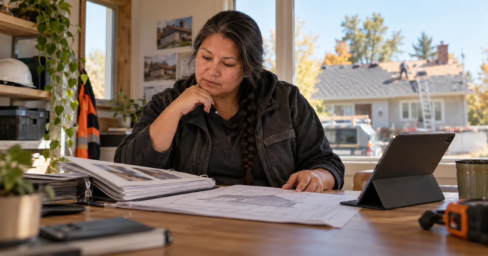 A roofing company owner compares a printed job binder with a tablet and roof plan.