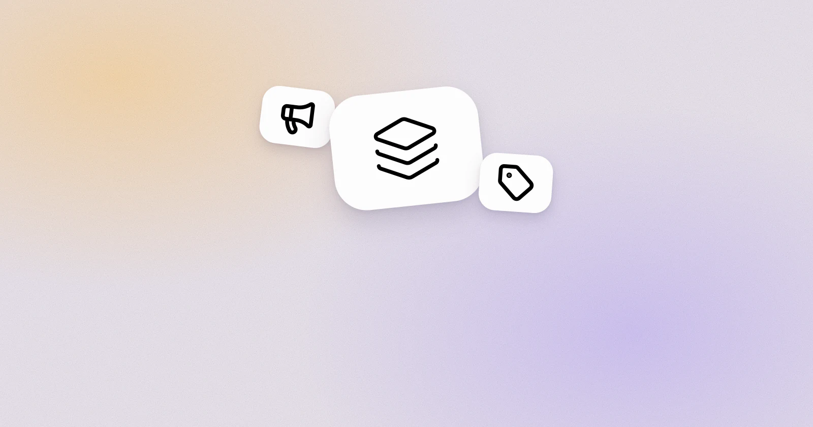 Une tuile blanche avec des couches empilées sur un fond pastel sable et lilas, accompagnée de deux petites tuiles montrant un mégaphone et une étiquette de prix.