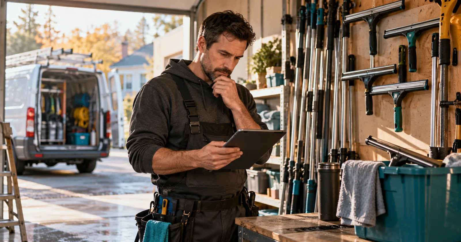 A window-cleaning business owner reviews a tablet beside cleaning equipment in a sunlit workshop.