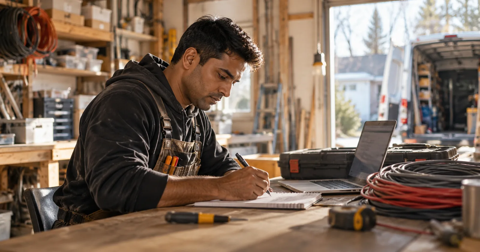 An electrician writes workflow notes beside a laptop, coiled cables and a toolbox.