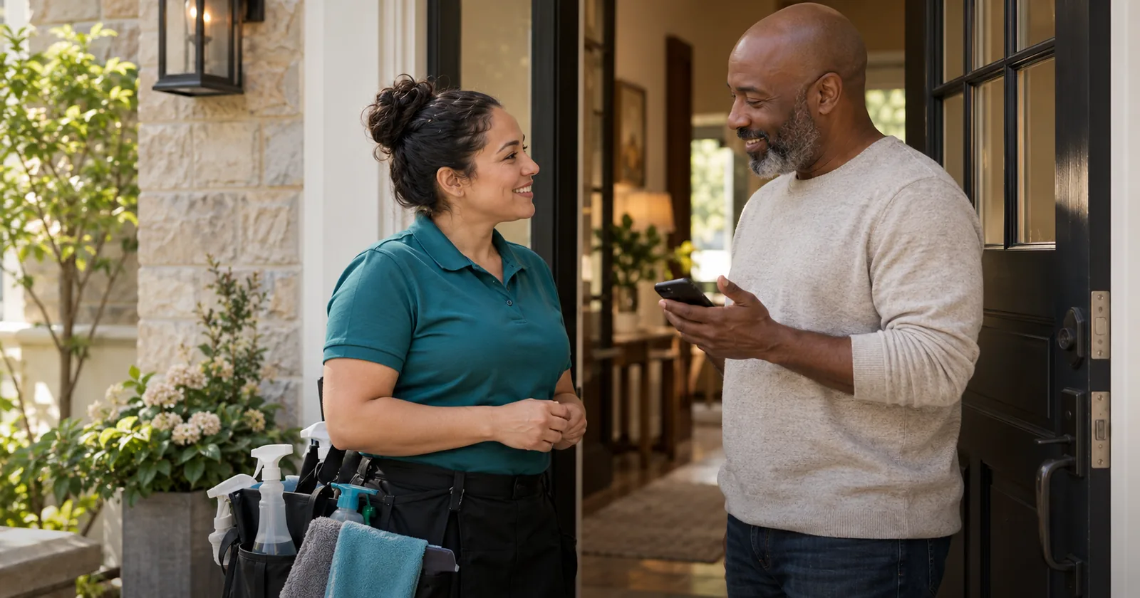 A cleaning team lead talks with a homeowner holding a smartphone after a service visit.