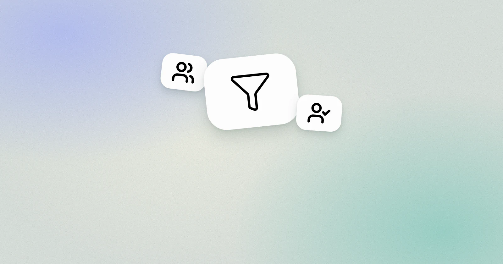 A white tile with a funnel on a periwinkle and mint pastel background, with two smaller tiles showing a group of people and a person with a check mark.