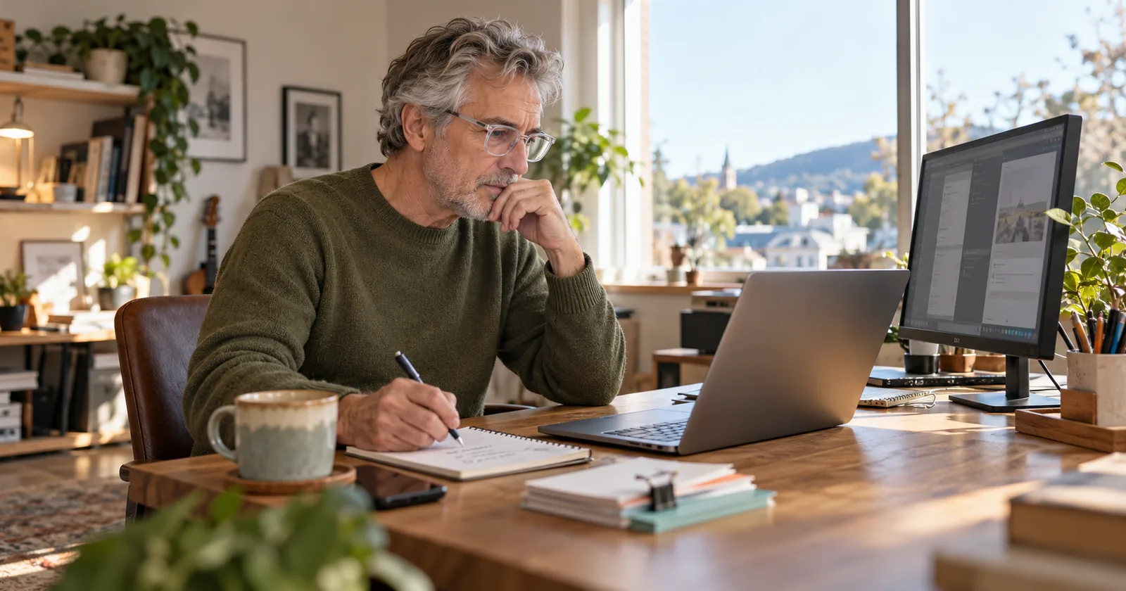 An agency specialist checks an app on a laptop beside a notebook and change request cards.