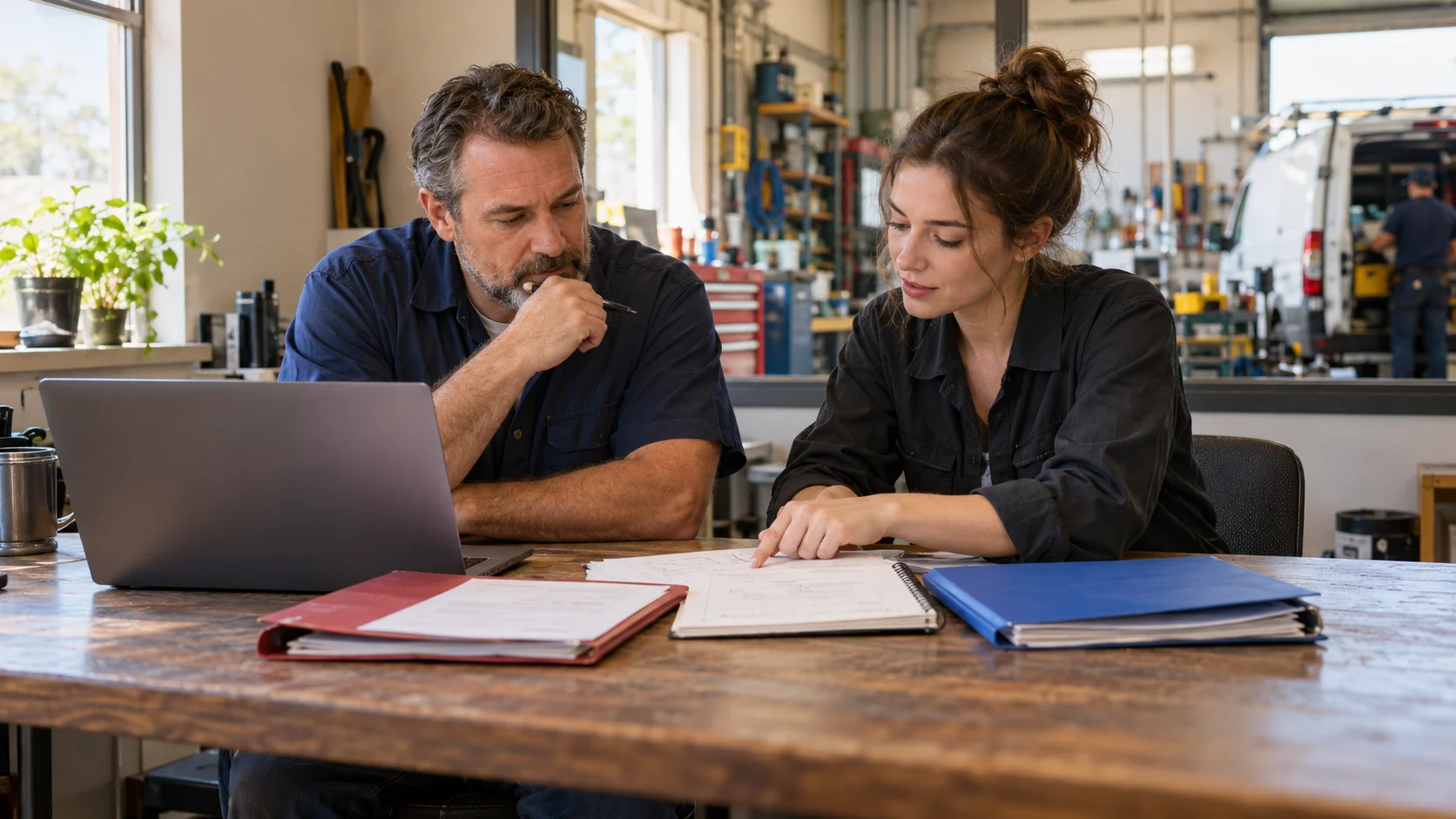 An older service business owner and a woman coordinator review a notebook, laptop and folders in a workshop office.