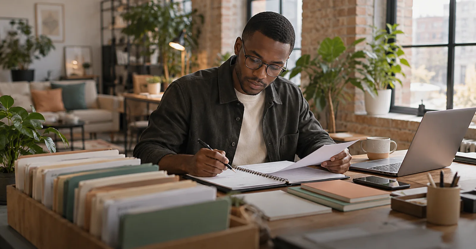 An agency founder reviews client folders and a monthly planner at a studio desk.