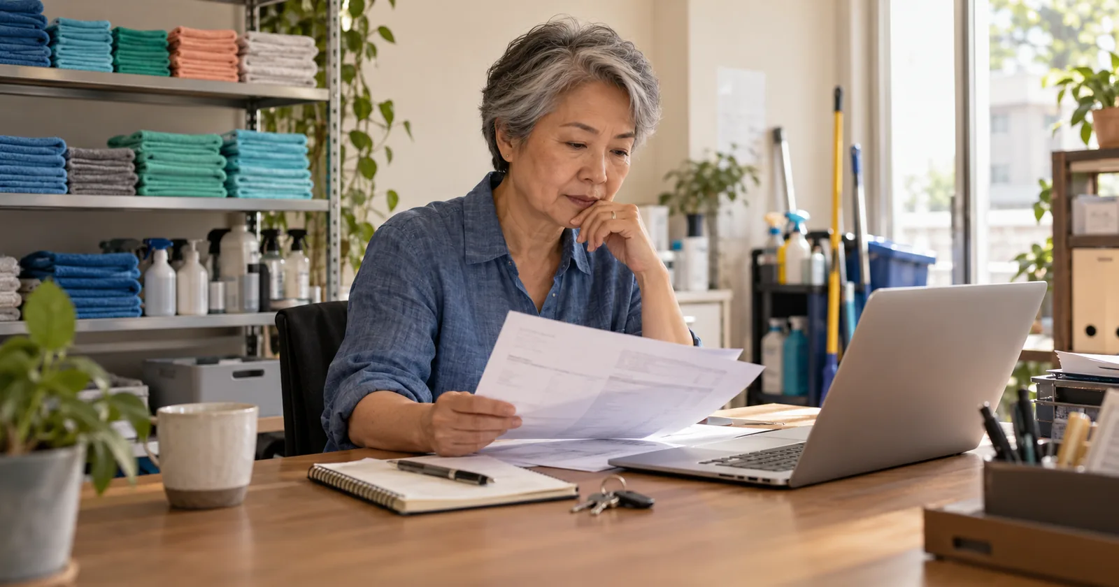 A cleaning company owner reviews software invoices beside her laptop and shelves of folded cloths.