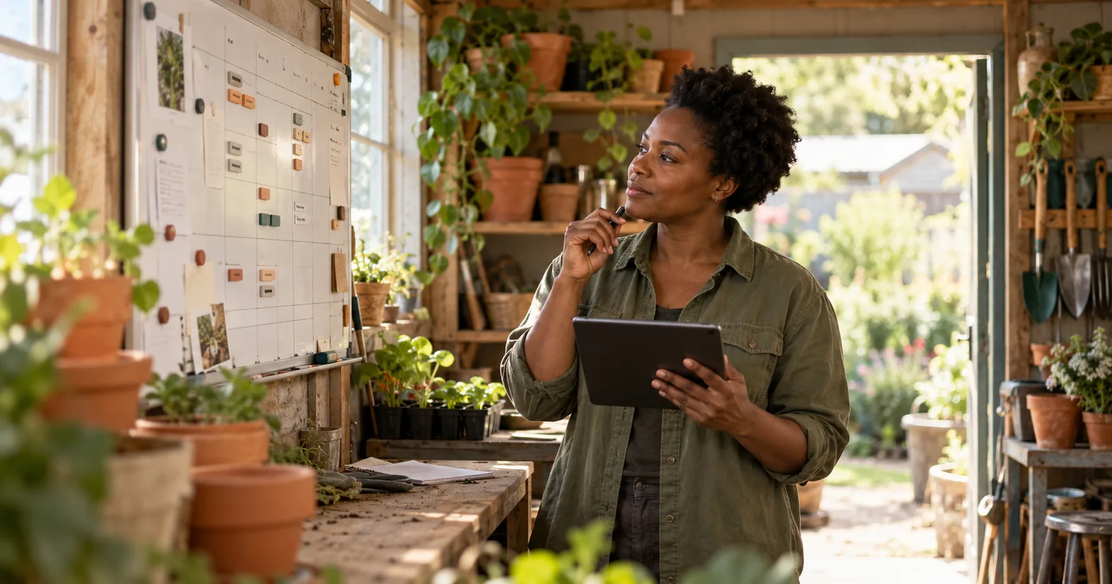 A landscaping business owner compares a tablet with a job-scheduling whiteboard in a potting shed.