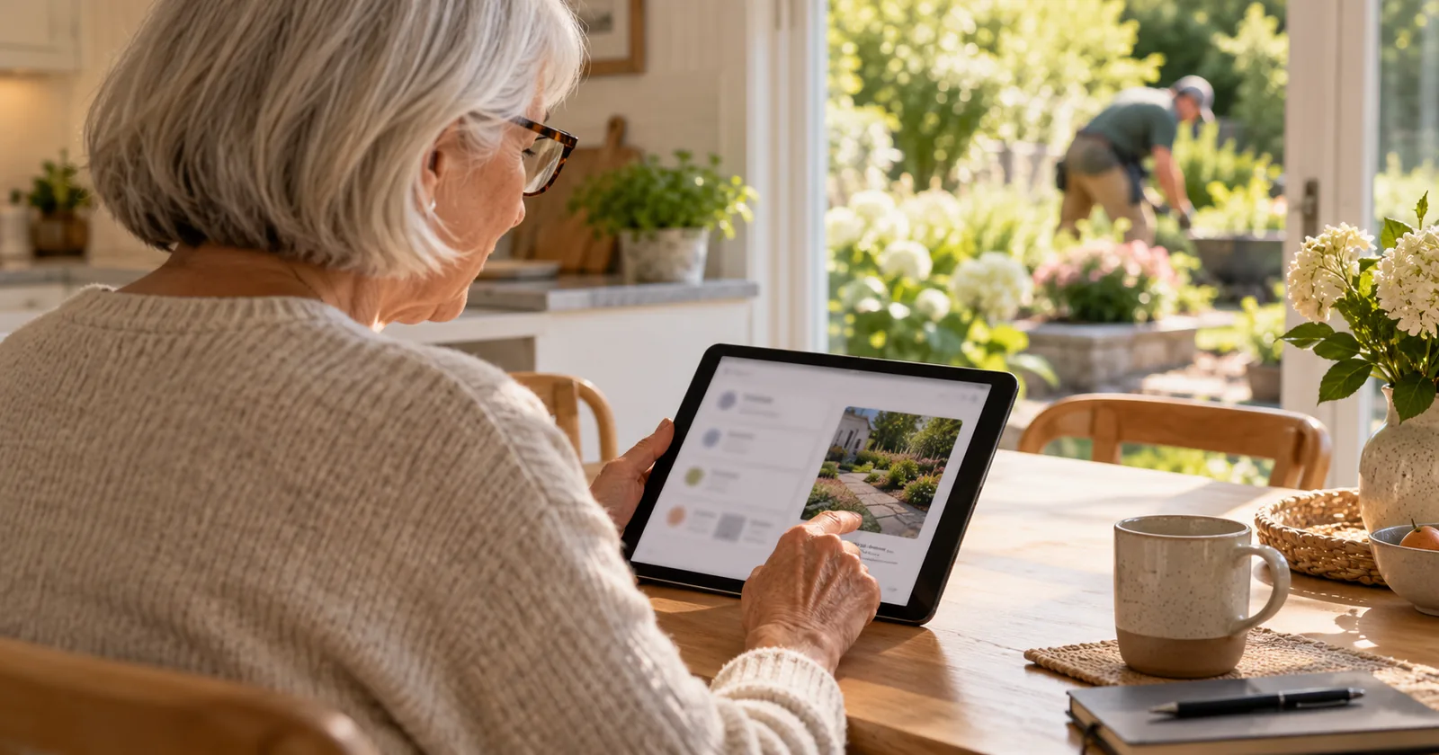 A homeowner uses a tablet at a kitchen table while a gardener works outside.